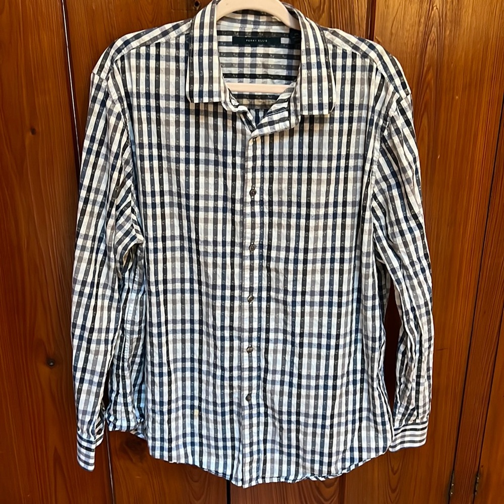 PERRY ELLIS dress shirt men’s XXL Black/blue/grey/white pattern